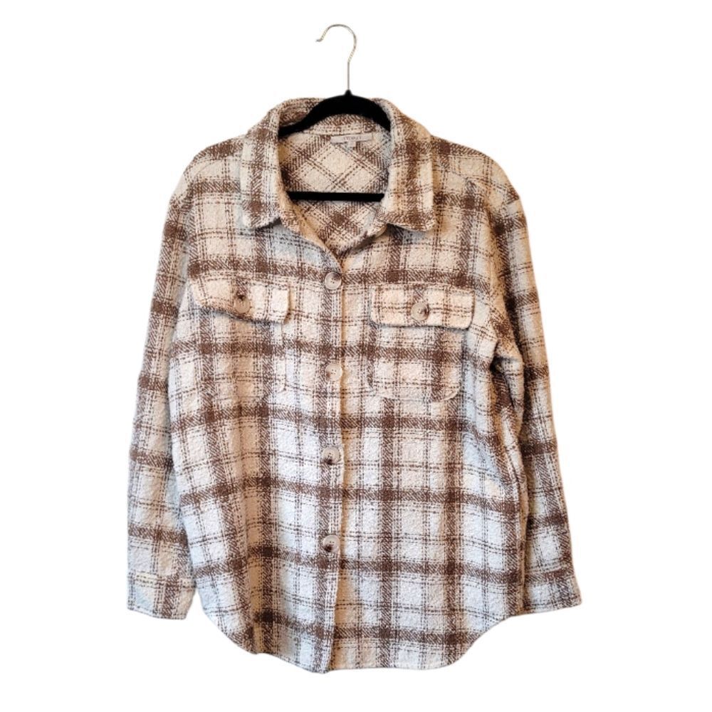 Vervet Women's Cream/Tan Plaid Boucle Shirt Jacket Size M